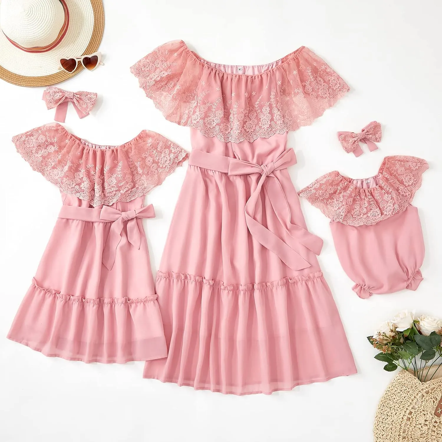 PopReal Mommy and Me Dresses Floral Printed Chiffon Bowknot Ruffles Short Sleeve Beach Mom Daughter Matching Outfits