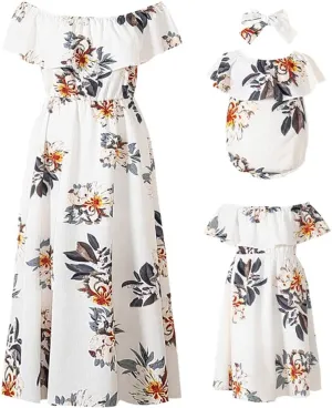 PopReal Mommy and Me Dresses Floral Printed Chiffon Bowknot Ruffles Short Sleeve Beach Mom Daughter Matching Outfits
