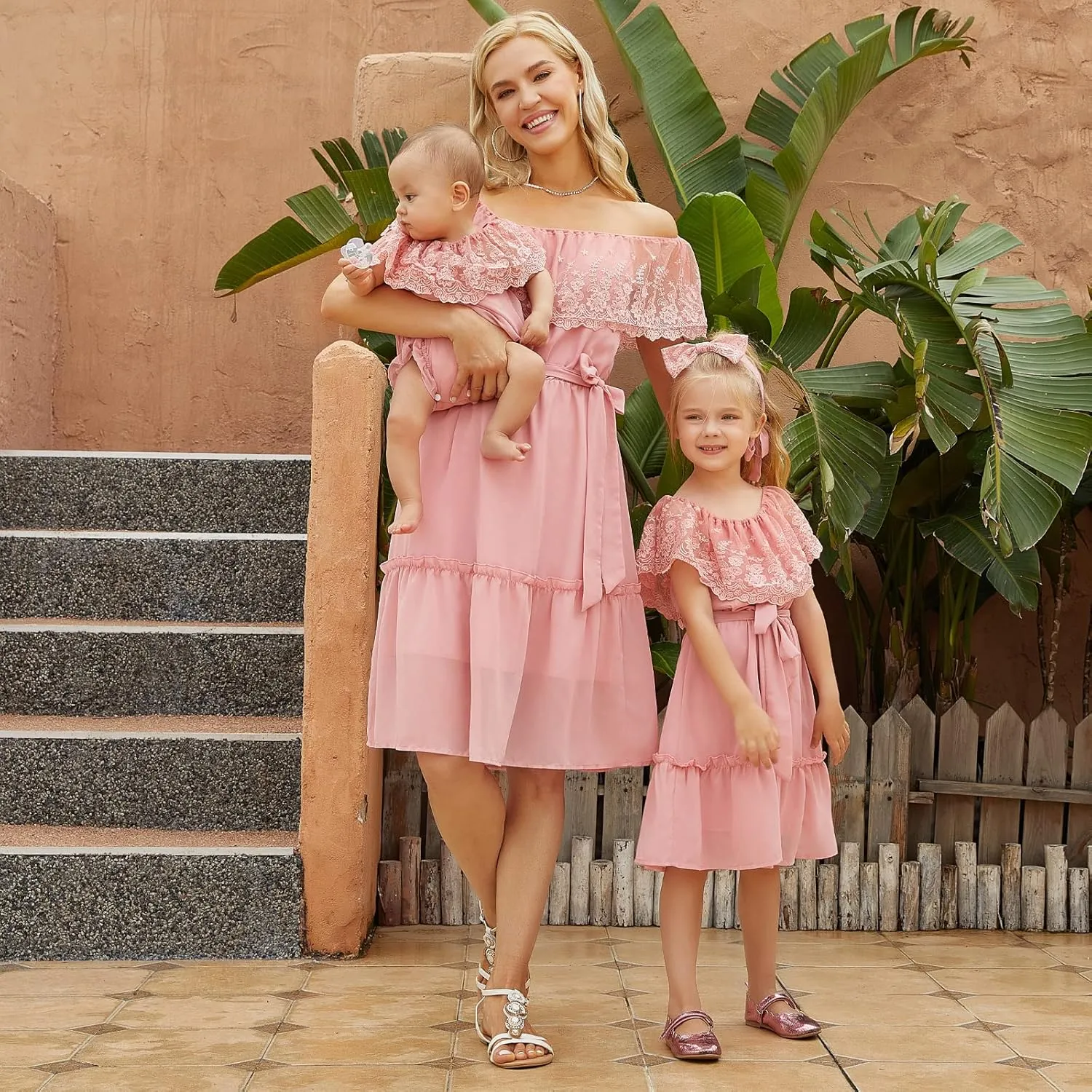 PopReal Mommy and Me Dresses Floral Printed Chiffon Bowknot Ruffles Short Sleeve Beach Mom Daughter Matching Outfits