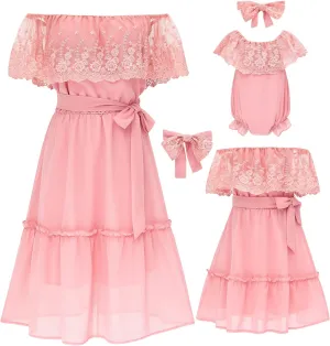 PopReal Mommy and Me Dresses Floral Printed Chiffon Bowknot Ruffles Short Sleeve Beach Mom Daughter Matching Outfits