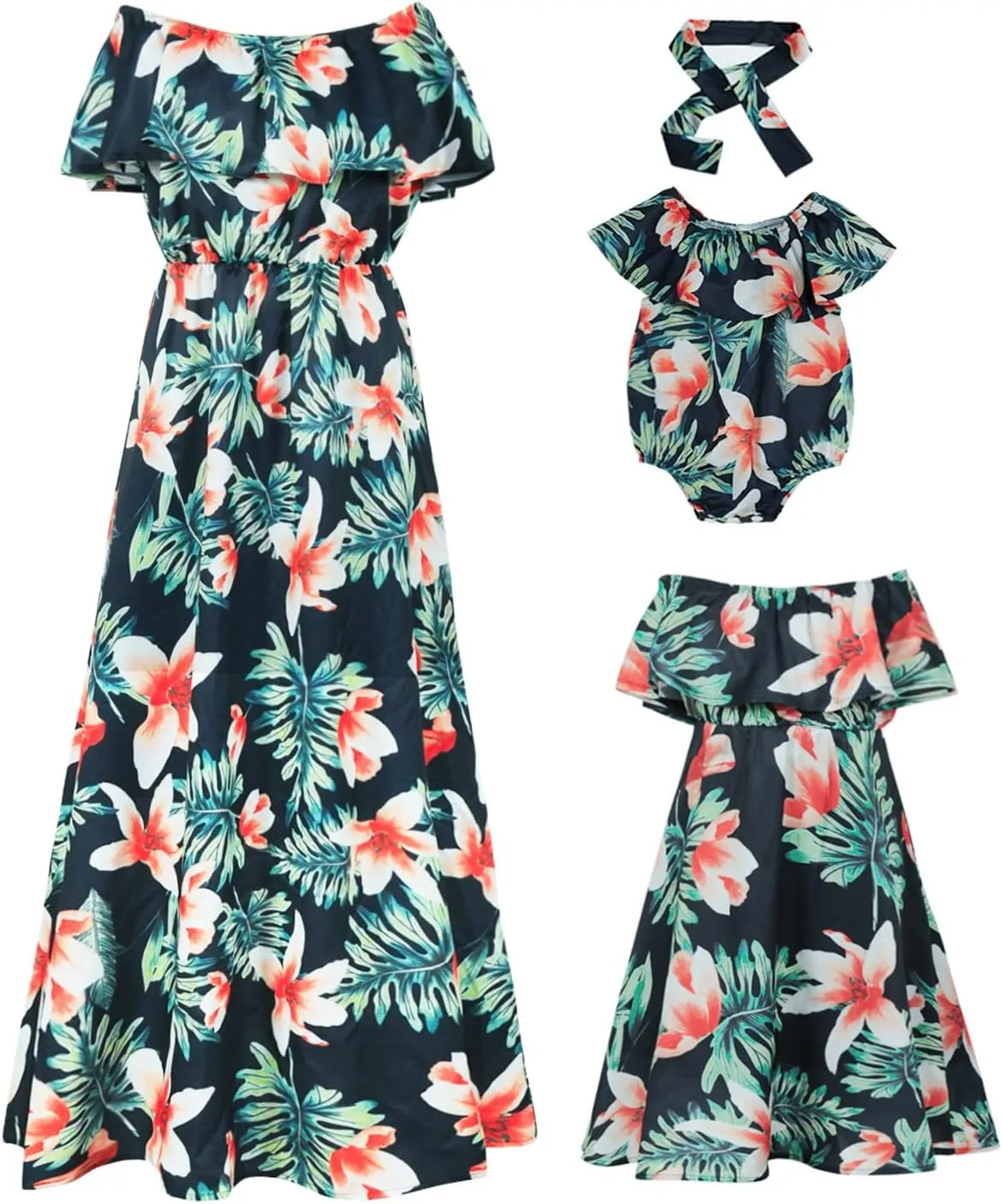 PopReal Mommy and Me Dresses Floral Printed Chiffon Bowknot Ruffles Short Sleeve Beach Mom Daughter Matching Outfits
