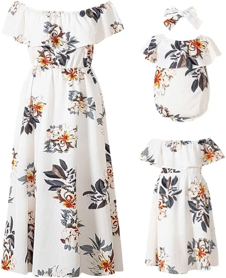 PopReal Mommy and Me Dresses Floral Printed Chiffon Bowknot Ruffles Short Sleeve Beach Mom Daughter Matching Outfits