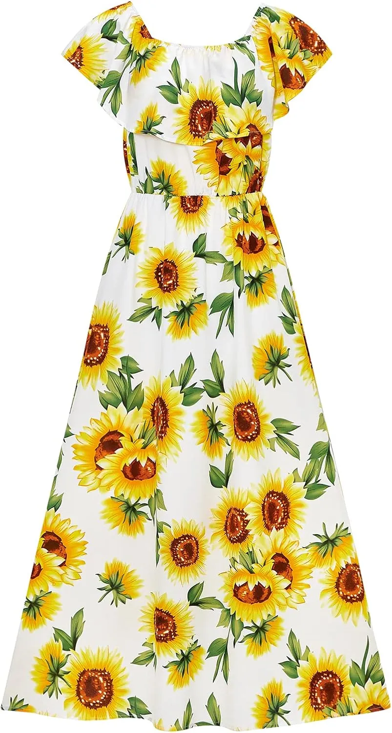 PopReal Mommy and Me Dresses Floral Printed Chiffon Bowknot Ruffles Short Sleeve Beach Mom Daughter Matching Outfits