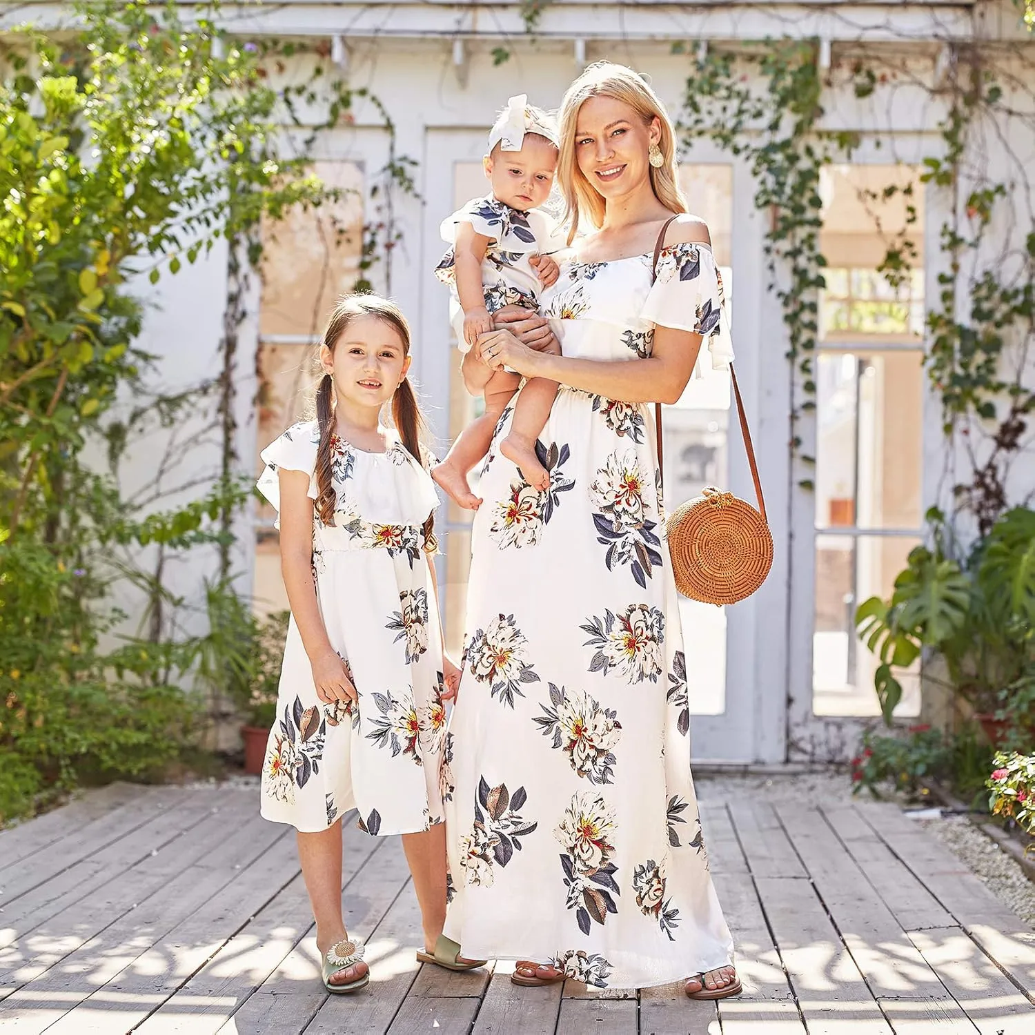 PopReal Mommy and Me Dresses Floral Printed Chiffon Bowknot Ruffles Short Sleeve Beach Mom Daughter Matching Outfits
