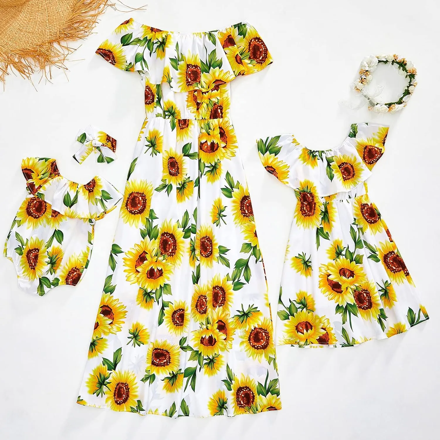 PopReal Mommy and Me Dresses Floral Printed Chiffon Bowknot Ruffles Short Sleeve Beach Mom Daughter Matching Outfits