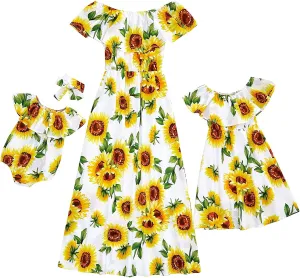 PopReal Mommy and Me Dresses Floral Printed Chiffon Bowknot Ruffles Short Sleeve Beach Mom Daughter Matching Outfits