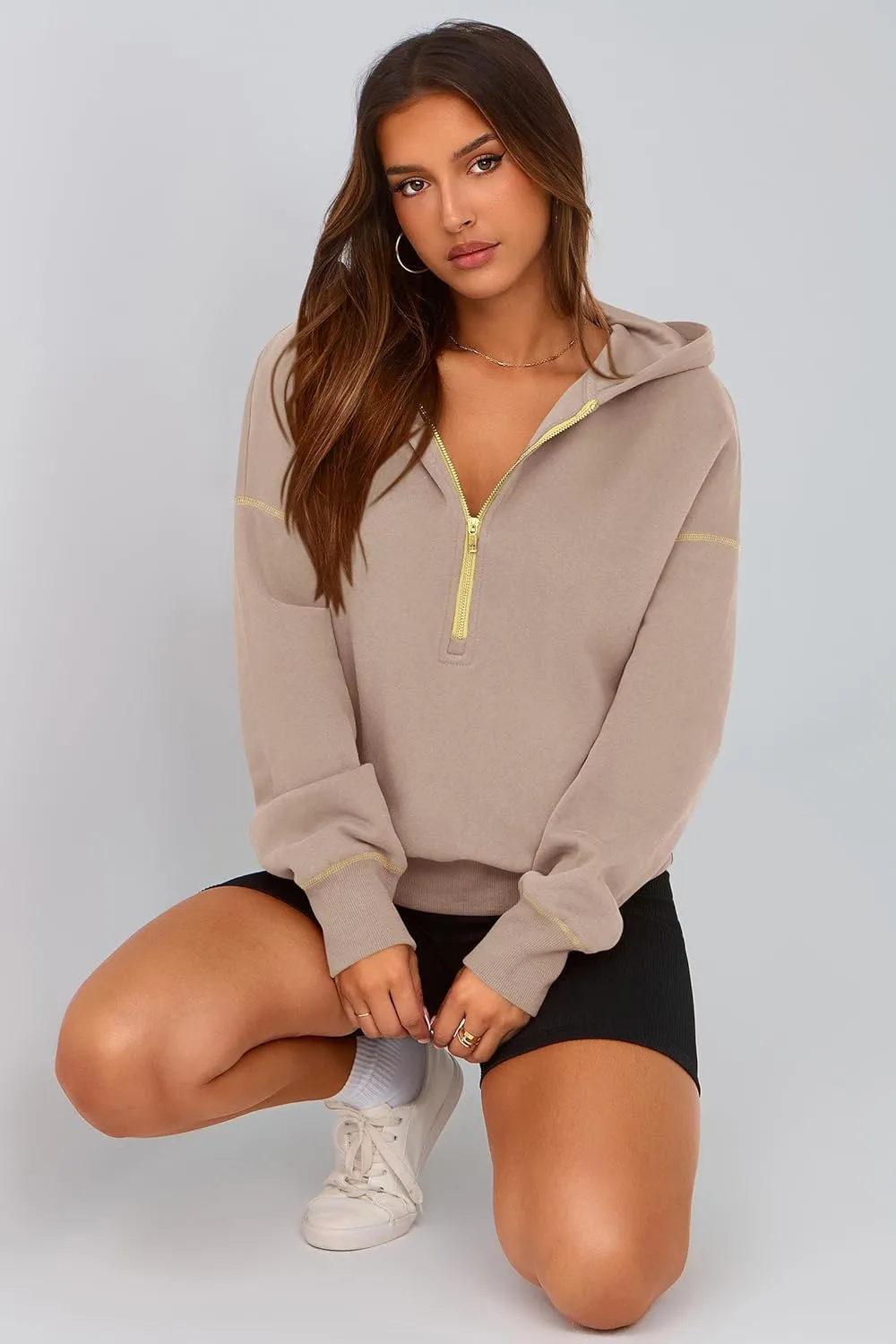 PRETTYGARDEN Women's Hooded Sweatshirts Long Sleeve Half Zip Cropped Hoodie Pullover Winter Fashion Clothes