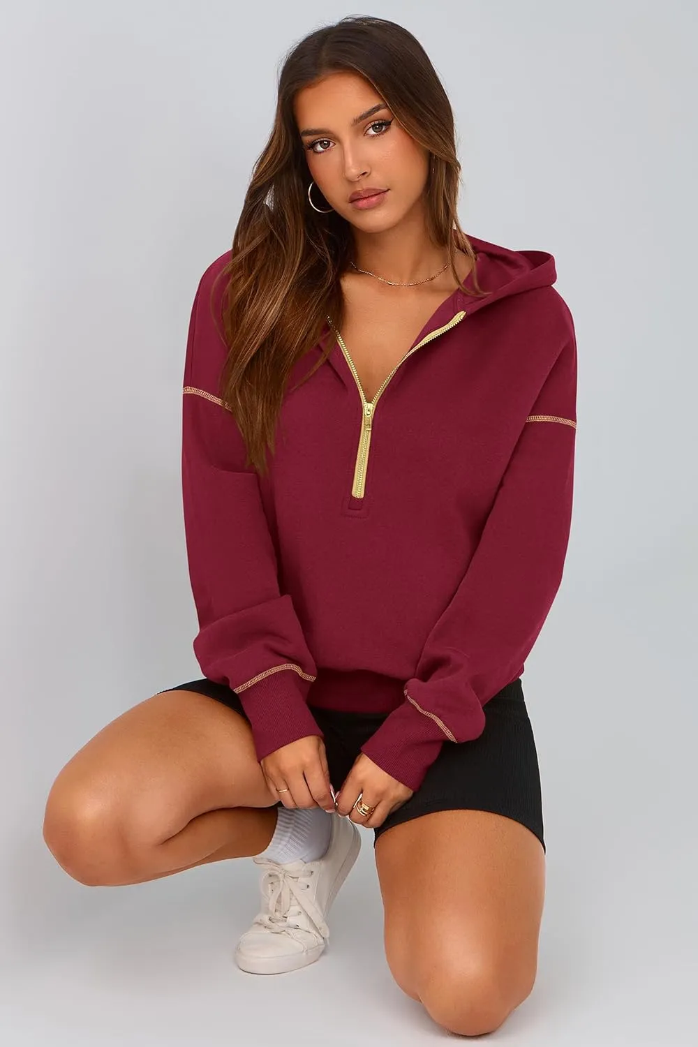 PRETTYGARDEN Women's Hooded Sweatshirts Long Sleeve Half Zip Cropped Hoodie Pullover Winter Fashion Clothes