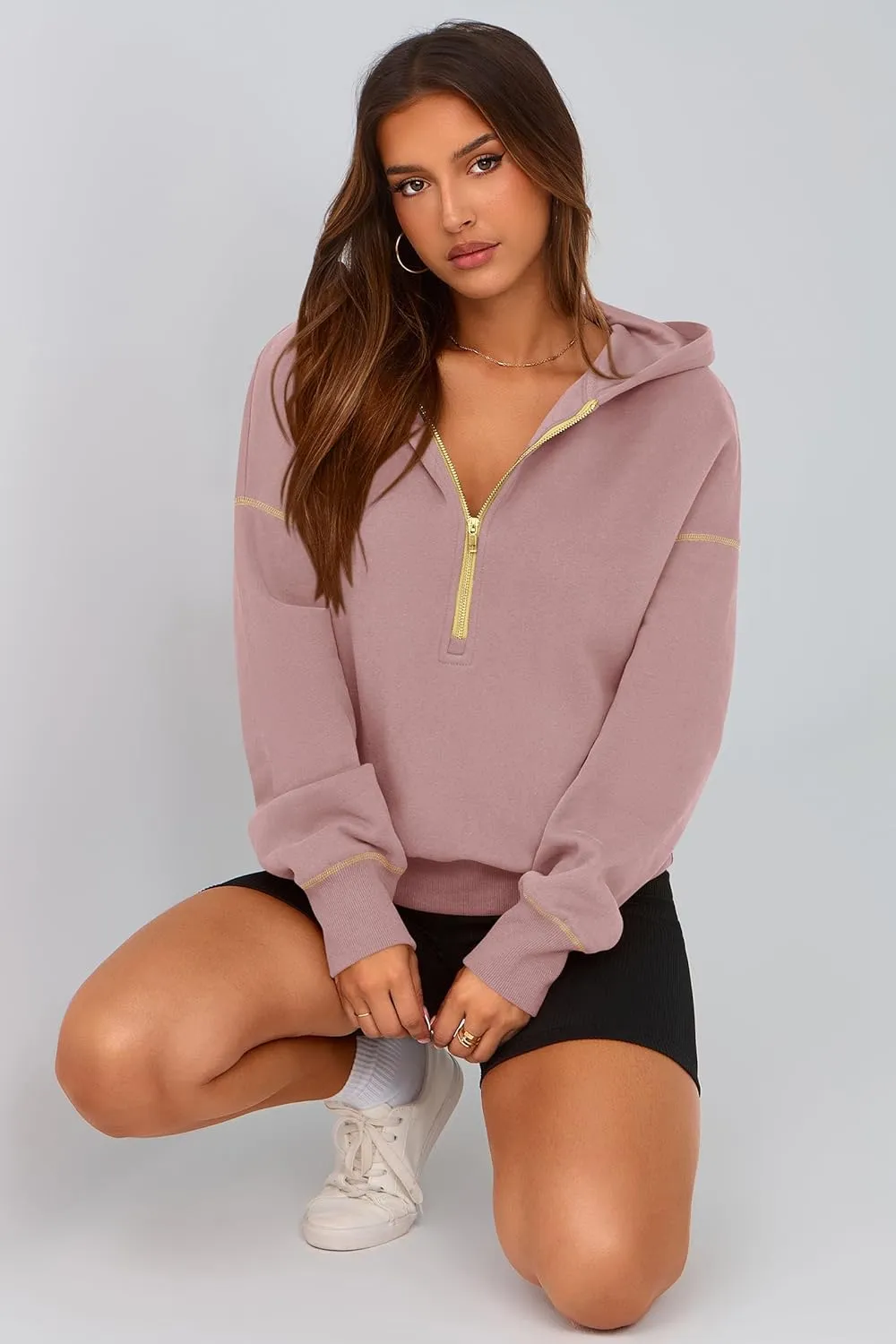 PRETTYGARDEN Women's Hooded Sweatshirts Long Sleeve Half Zip Cropped Hoodie Pullover Winter Fashion Clothes