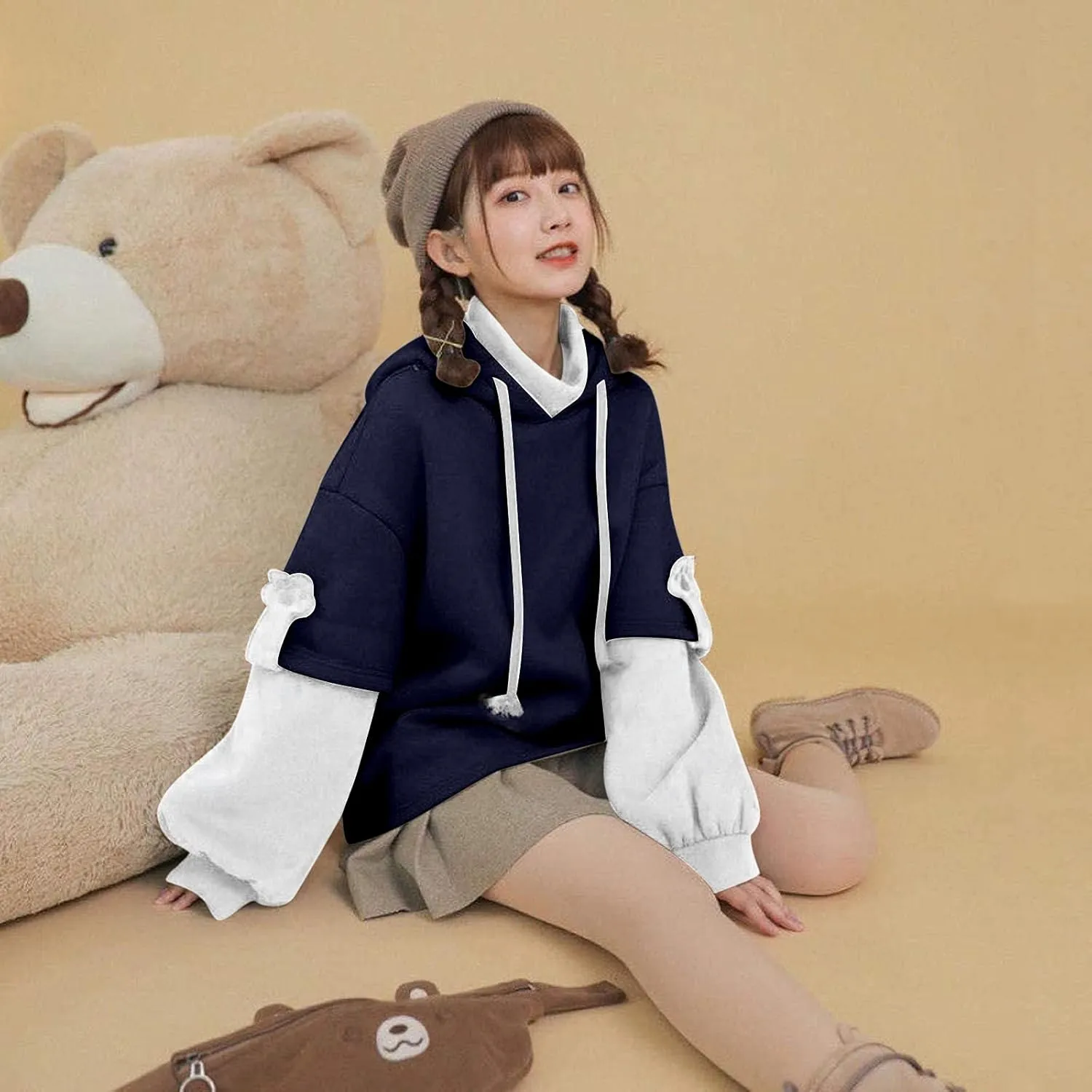 RKSTN Cute Bear Hoodie for Womens Long Sleeve Sweatshirts Patchwork Hooded Shirts with Cute Personality Bag Girls Hoodie Coat