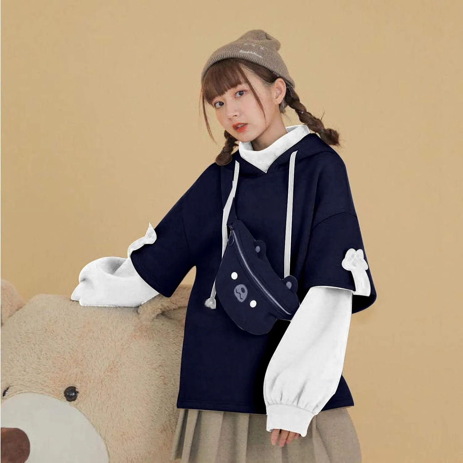 RKSTN Cute Bear Hoodie for Womens Long Sleeve Sweatshirts Patchwork Hooded Shirts with Cute Personality Bag Girls Hoodie Coat