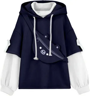 RKSTN Cute Bear Hoodie for Womens Long Sleeve Sweatshirts Patchwork Hooded Shirts with Cute Personality Bag Girls Hoodie Coat