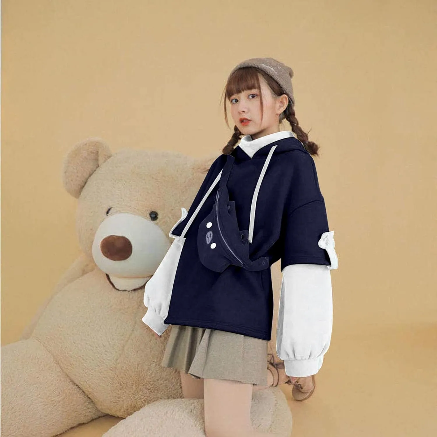 RKSTN Cute Bear Hoodie for Womens Long Sleeve Sweatshirts Patchwork Hooded Shirts with Cute Personality Bag Girls Hoodie Coat