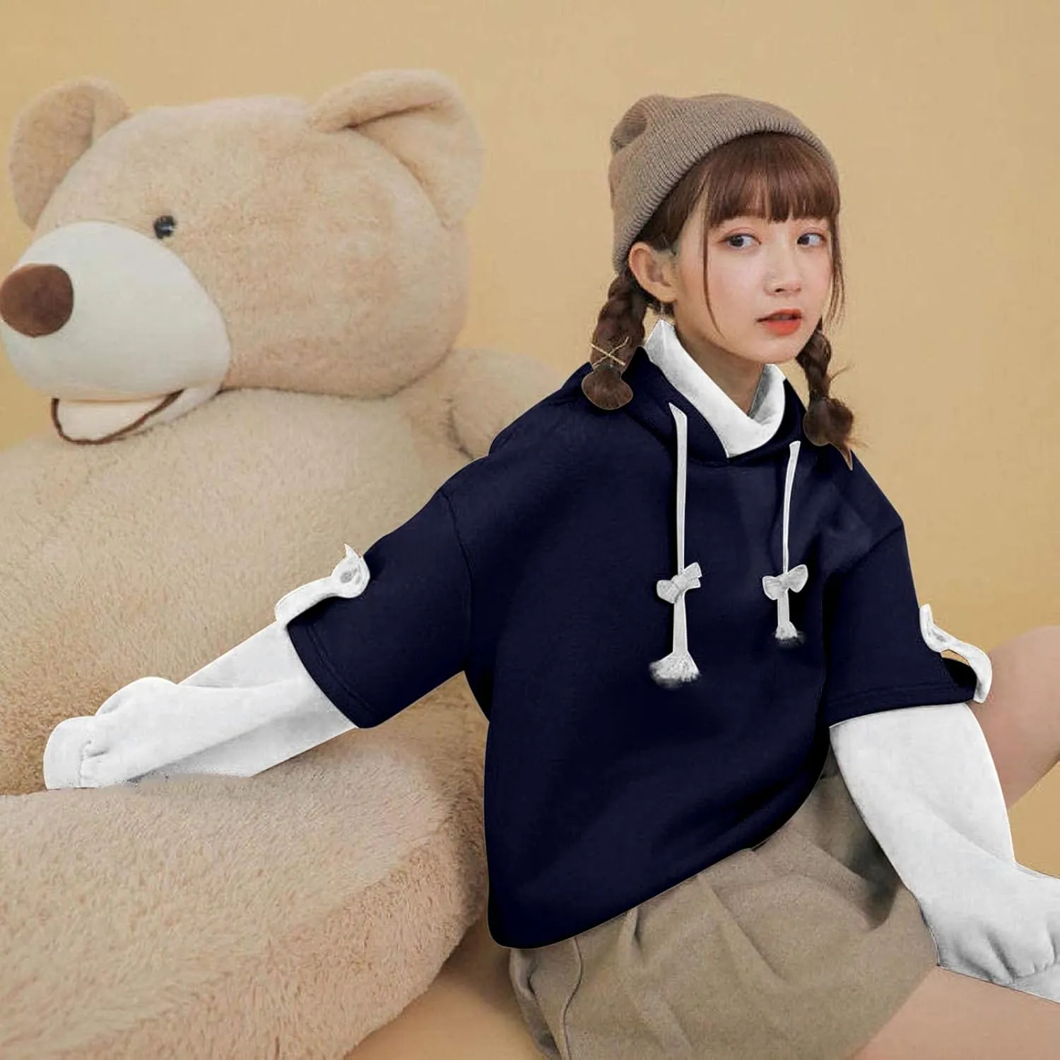 RKSTN Cute Bear Hoodie for Womens Long Sleeve Sweatshirts Patchwork Hooded Shirts with Cute Personality Bag Girls Hoodie Coat