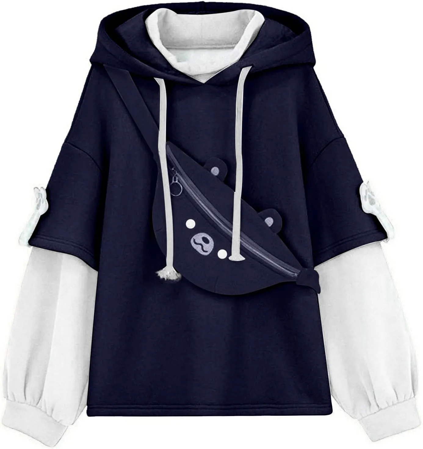 RKSTN Cute Bear Hoodie for Womens Long Sleeve Sweatshirts Patchwork Hooded Shirts with Cute Personality Bag Girls Hoodie Coat