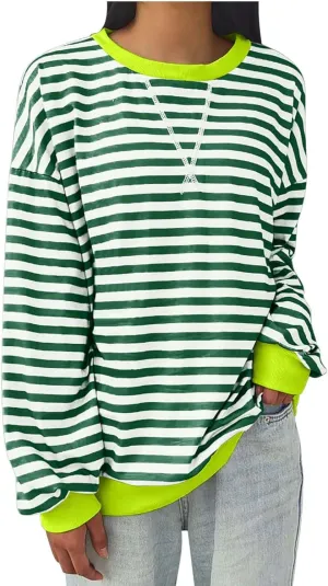 RKSTN Womens Casual Striped Tops Long Sleeve Shirts Crewneck Oversized Sweatshirts 2024 Trendy Fall Clothes