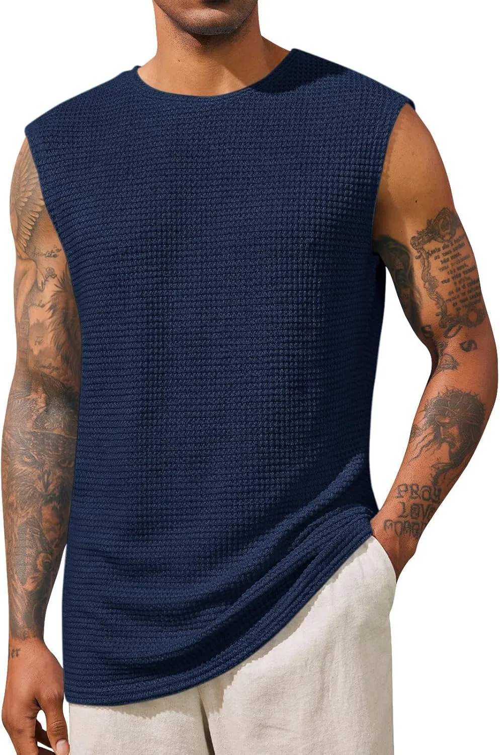 Runcati Mens Waffle Tank Tops Sleeveless T-Shirts Athletic Muscle Summer Beach Hippie Shirts