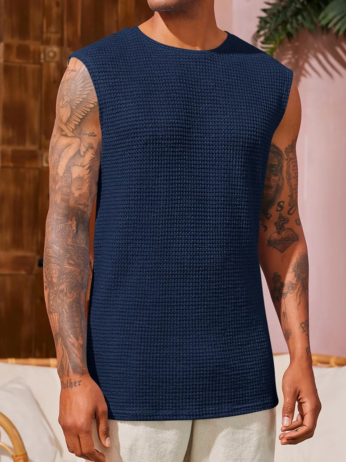 Runcati Mens Waffle Tank Tops Sleeveless T-Shirts Athletic Muscle Summer Beach Hippie Shirts