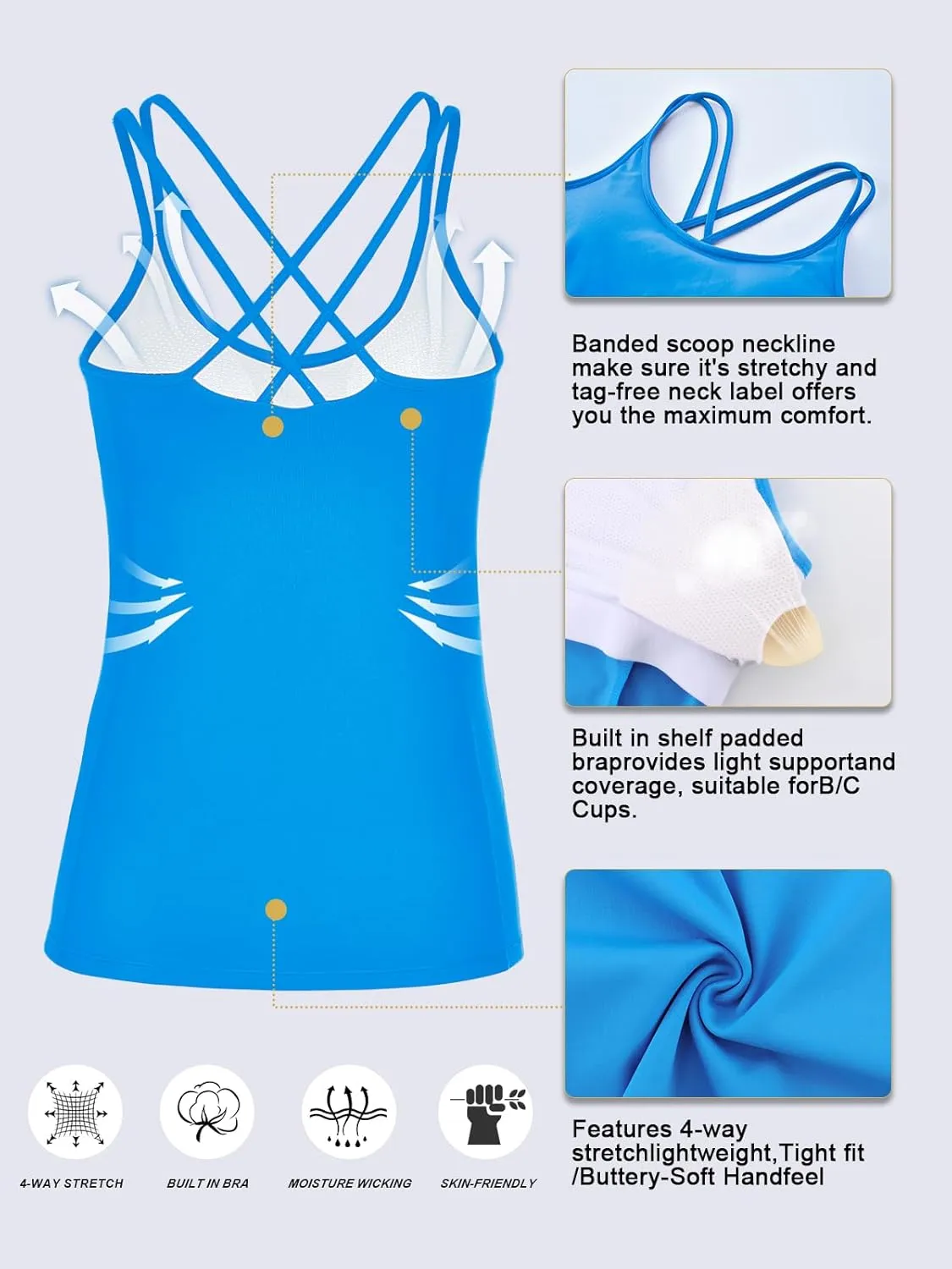 RUNNING GIRL Yoga Tank Tops for Women Built in Shelf Bra B/C Cups Strappy Back Activewear Workout Compression Tops