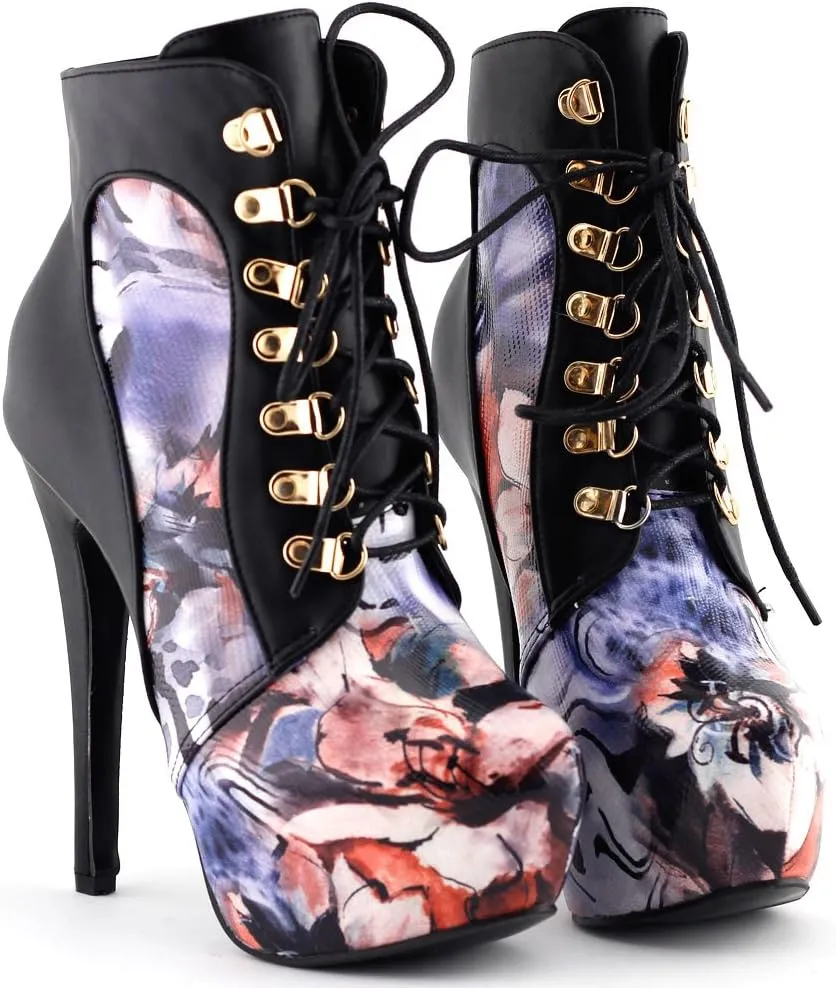 SHOW STORY Black/Pink/Purple Lace Up Stiletto Heel Gothic Ankle Boots,LF80831
