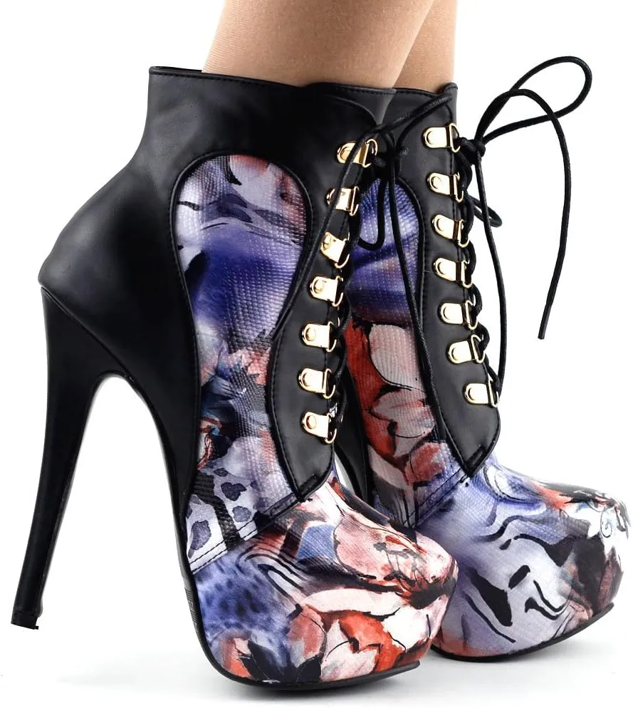 SHOW STORY Black/Pink/Purple Lace Up Stiletto Heel Gothic Ankle Boots,LF80831