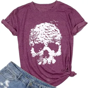 Skull Shirts for Women Funny Gothic Graphic T-Shirts Novelty Horror Tee Casual Athletic Tops