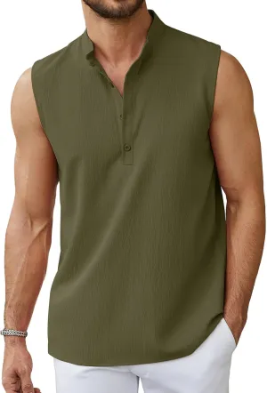 Sleeveless Beach Shirts for Men Summer Casual Tank Top Button Down Henley T-Shirts