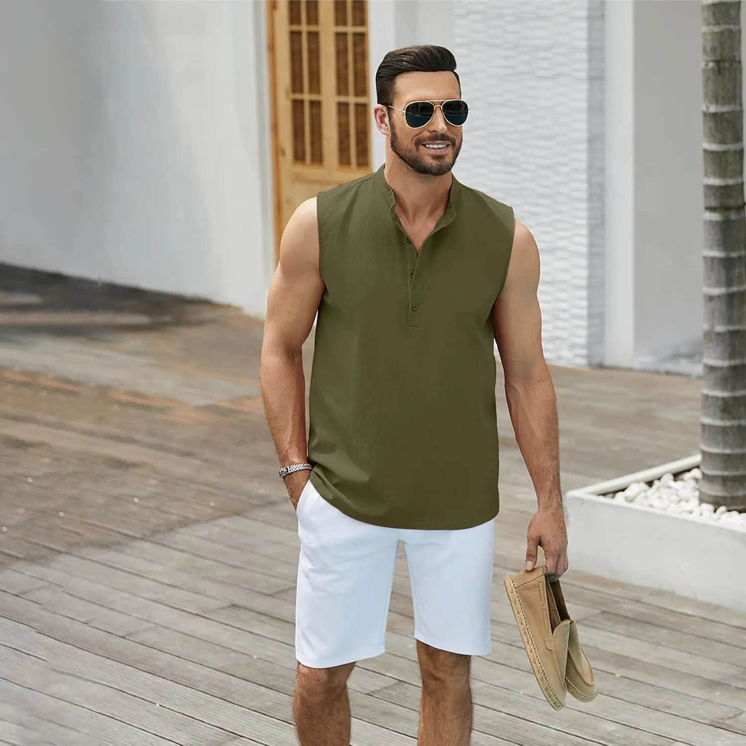 Sleeveless Beach Shirts for Men Summer Casual Tank Top Button Down Henley T-Shirts