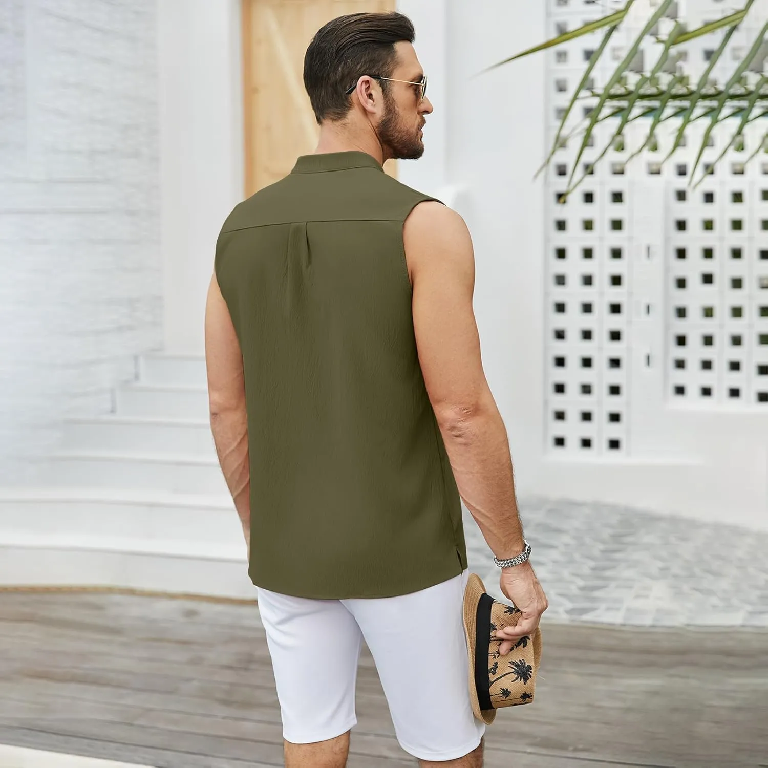 Sleeveless Beach Shirts for Men Summer Casual Tank Top Button Down Henley T-Shirts