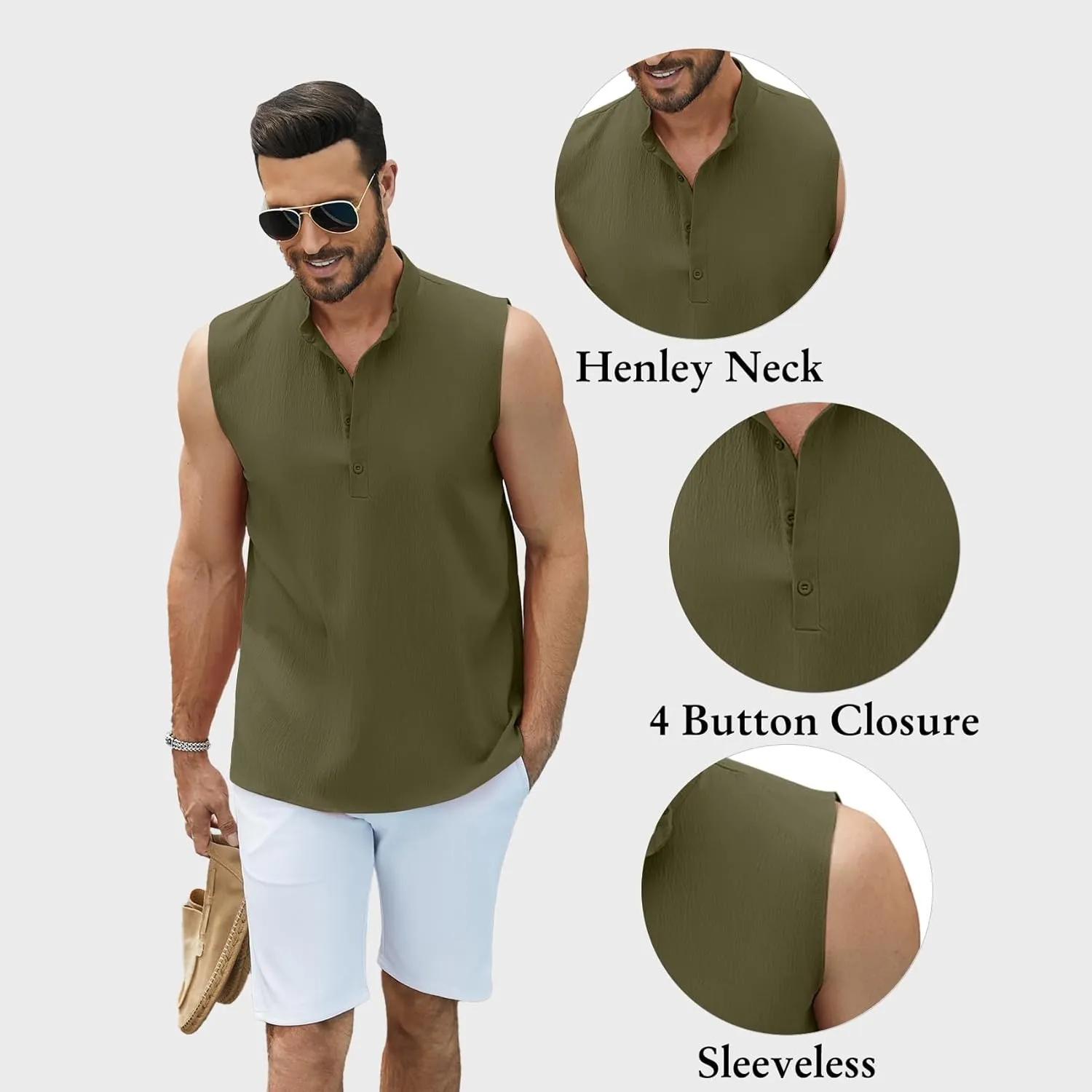 Sleeveless Beach Shirts for Men Summer Casual Tank Top Button Down Henley T-Shirts