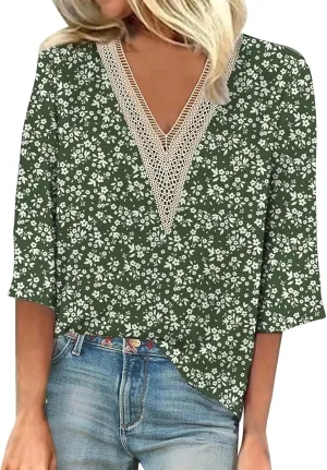 Summer Tops for Women 2024 3/4 Sleeve Bohemian T-Shirts for Womens V Neck Loose Frill Floral Trendy Shirt