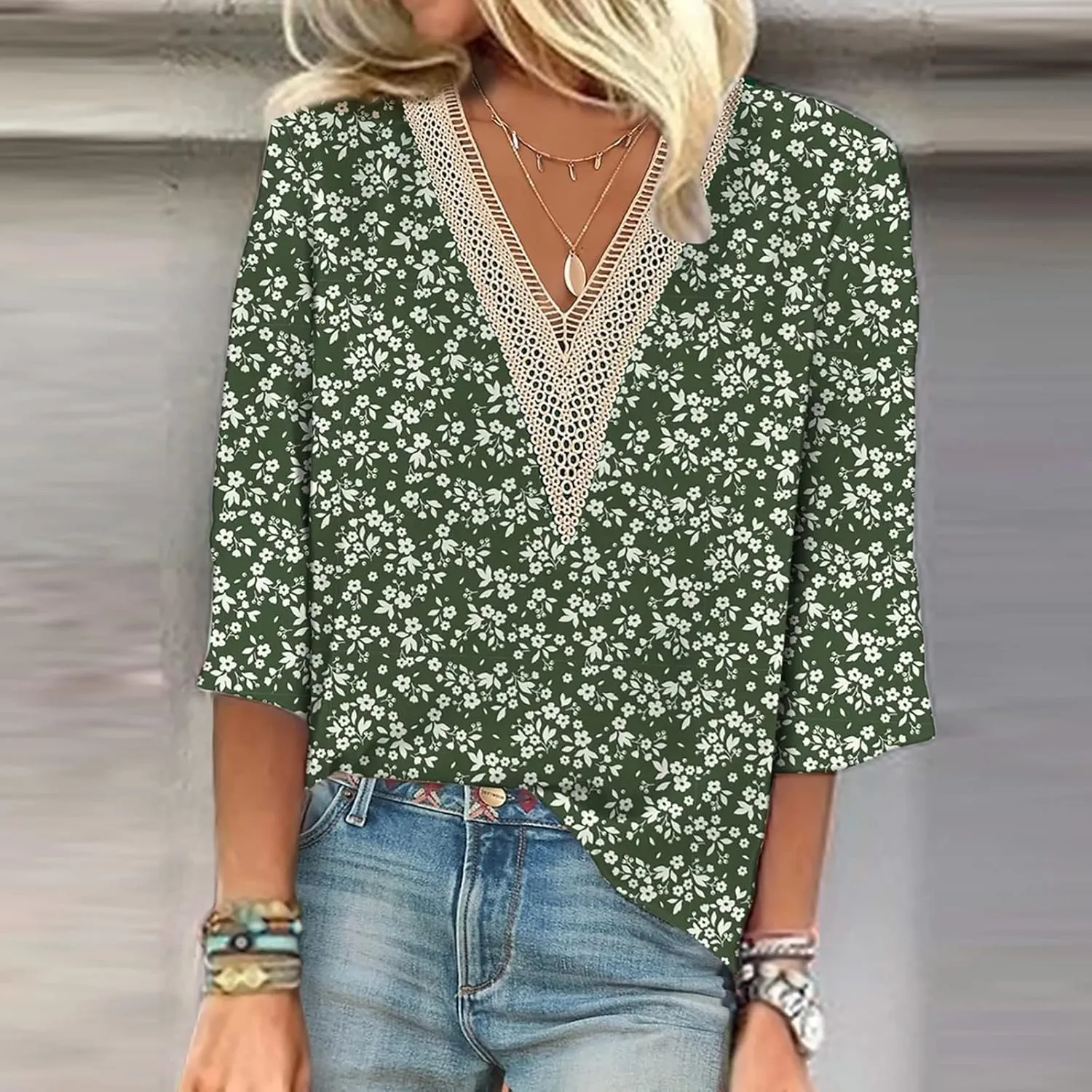 Summer Tops for Women 2024 3/4 Sleeve Bohemian T-Shirts for Womens V Neck Loose Frill Floral Trendy Shirt
