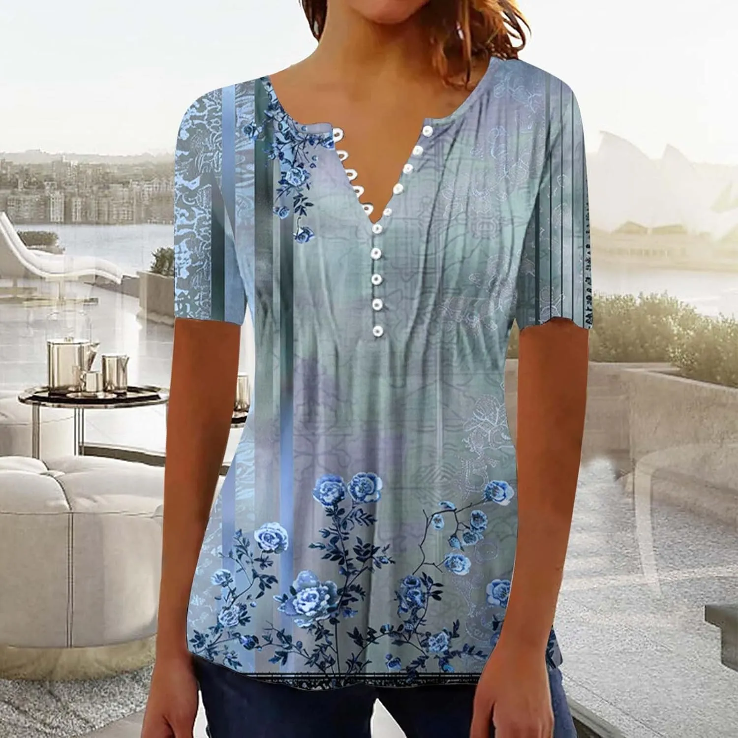 Summer Tops for Women 2025 Short Sleeve Button Down Shirts Casual Dressy Floral Shirt Boho Beach Vacation Blouses