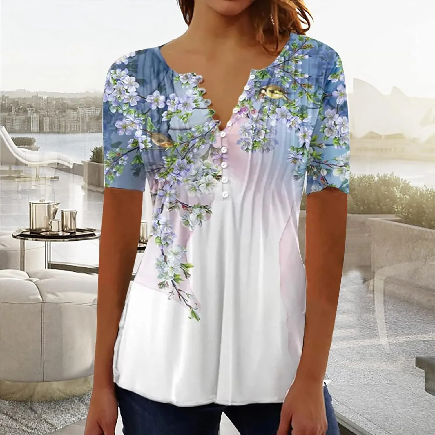 Summer Tops for Women 2025 Trendy Boho Floral Print Tunic Shirts Short Sleeve Button V Neck Tshirt Casual Blouse