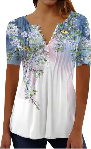 Summer Tops for Women 2025 Trendy Boho Floral Print Tunic Shirts Short Sleeve Button V Neck Tshirt Casual Blouse