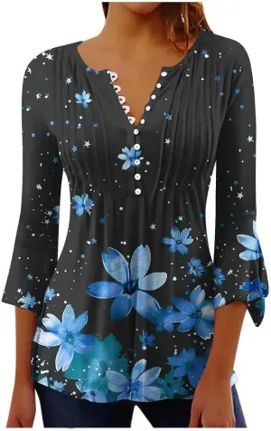 Summer Tops for Women Trendy Boho Vintage 3/4 Sleeve Tunic Blouse V-Neck T-Shirt Casual Floral Spring Fashion Outfits