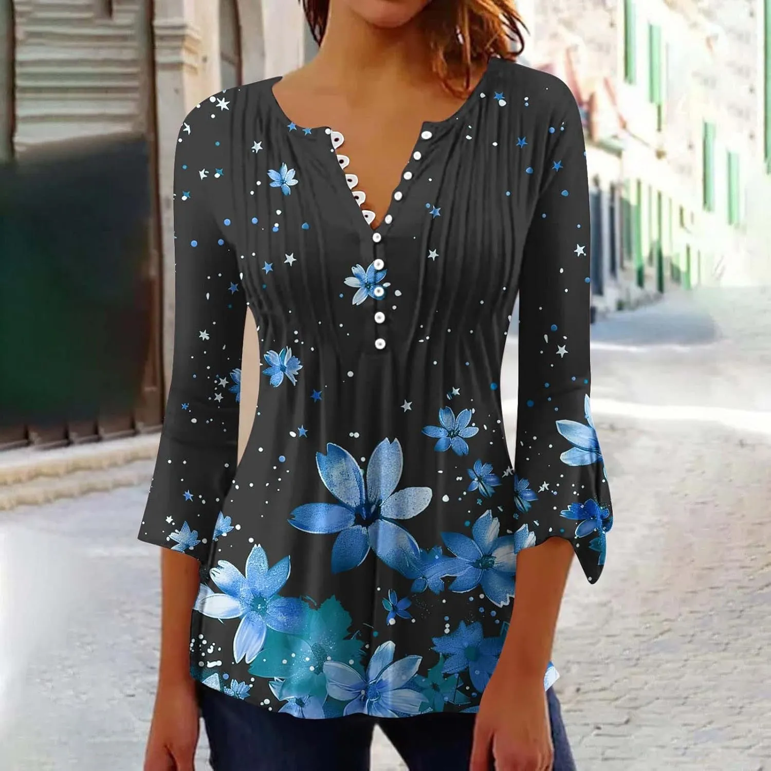 Summer Tops for Women Trendy Boho Vintage 3/4 Sleeve Tunic Blouse V-Neck T-Shirt Casual Floral Spring Fashion Outfits