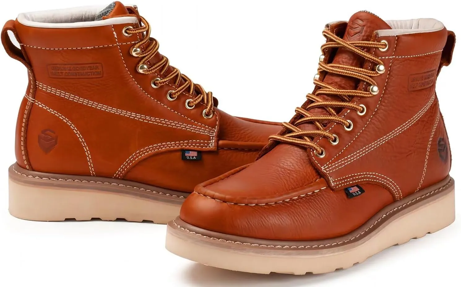 SUREWAY 6 Wedge Moc Toe Work Boots for Men - Soft Toe,Premium Full-Grain Leather,Lightweight Work Boots/Shoes,Comfort Insole,Oil/Slip Resistant,Real Goodyear,EH Rated Industrial Construction Boots