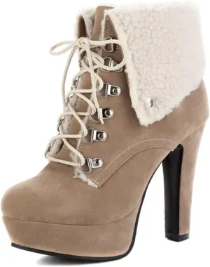 Sweet Womens Chunky Heel Platform Suede Snow Booties Lace Up Christmas Ankle Boots