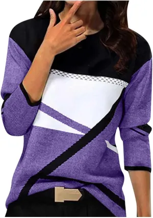 Tops for Women Fall 2024 Color Block Floral Printed Casual Sweatshirts Loose Fashion Round Neck Comfy Pullover Shirts