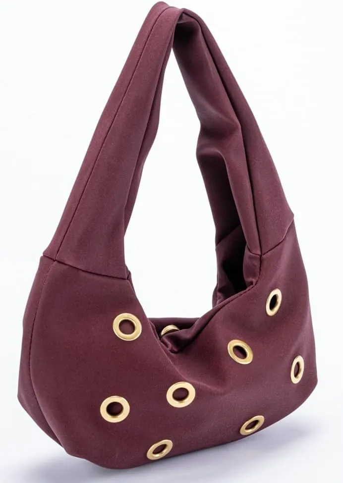 Trendy Burgundy Suede Studded Purse for Women Y2K Punk Rivet Shoulder Bag Underarm Purse Casual Satchel Bag Winter