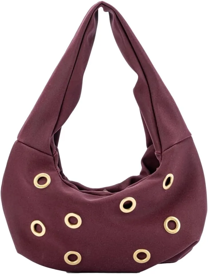 Trendy Burgundy Suede Studded Purse for Women Y2K Punk Rivet Shoulder Bag Underarm Purse Casual Satchel Bag Winter