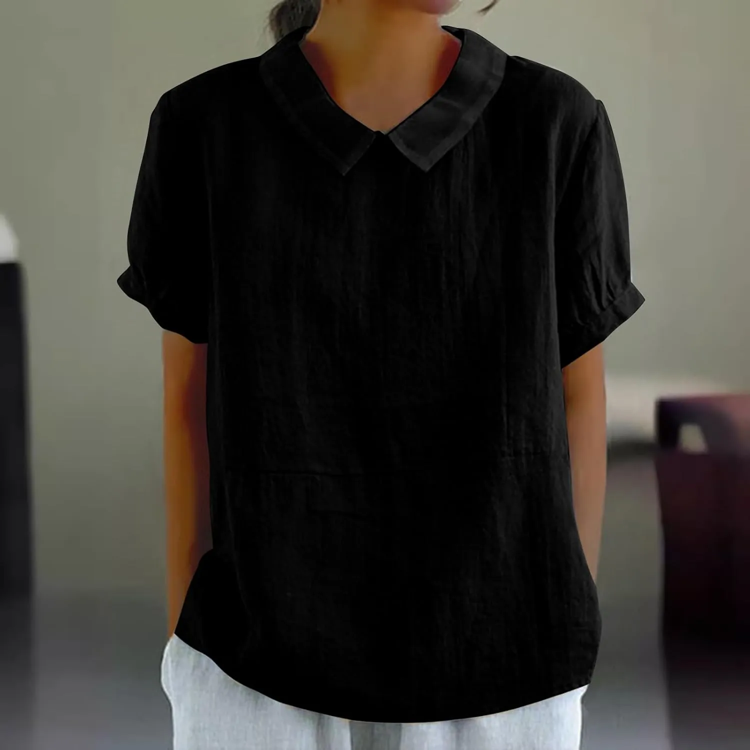 Trendy T Shirts for Women Loose Fit Solid Color Lapel Collar Short Sleeve Linen Blouse Summer Lightweight Workout Top