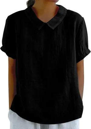 Trendy T Shirts for Women Loose Fit Solid Color Lapel Collar Short Sleeve Linen Blouse Summer Lightweight Workout Top