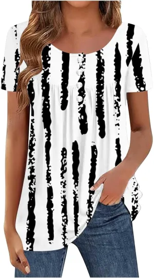 Tunics for Women Trendy Button Crewneck Tops Dressy Short Sleeve Shirts Floral Printed Loose Fit Pleated Boho Tops