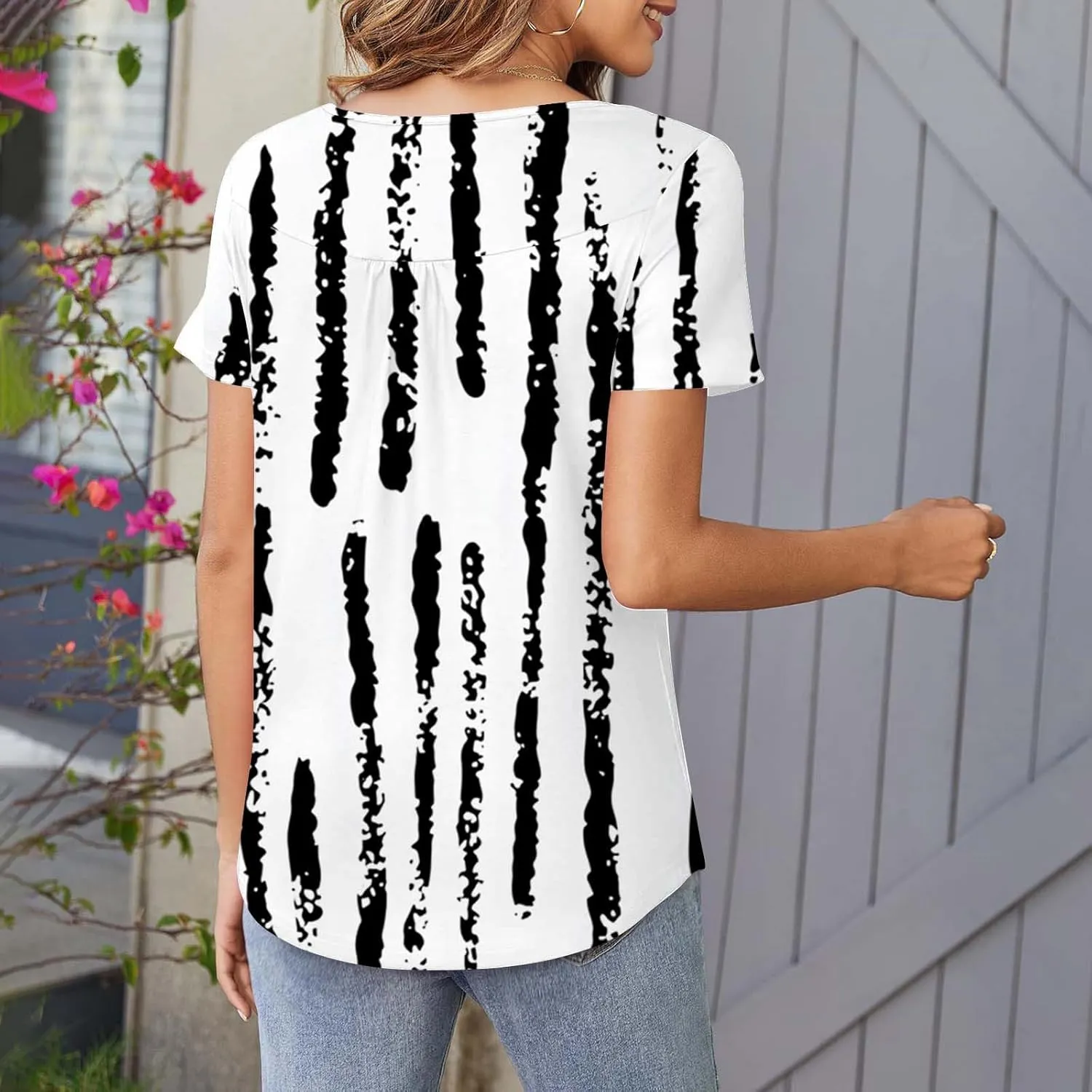 Tunics for Women Trendy Button Crewneck Tops Dressy Short Sleeve Shirts Floral Printed Loose Fit Pleated Boho Tops