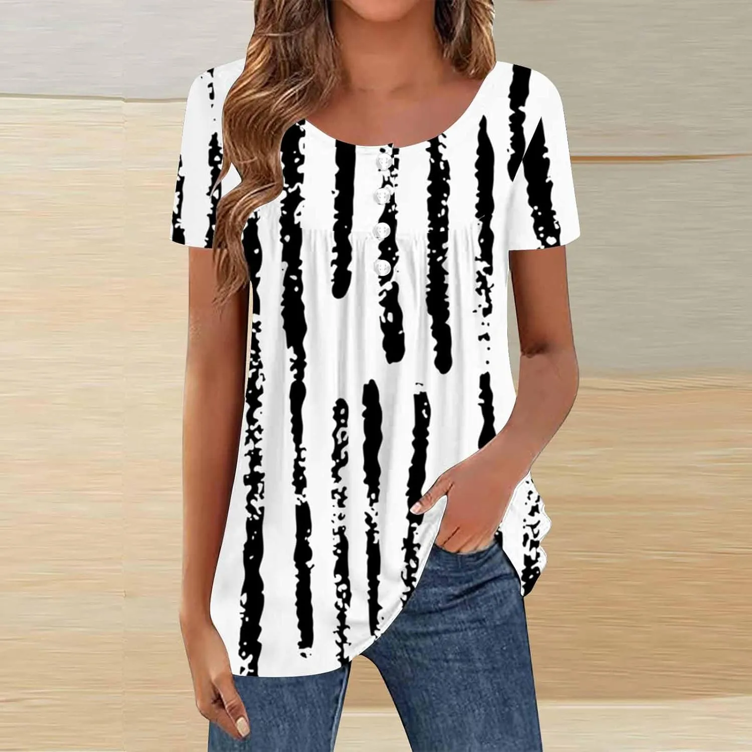 Tunics for Women Trendy Button Crewneck Tops Dressy Short Sleeve Shirts Floral Printed Loose Fit Pleated Boho Tops