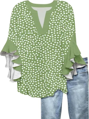 V Neck T Shirts for Women Cute Summer Tops Dressy Casual 3/4 Length Sleeve Tshirts with Flared Sleeve