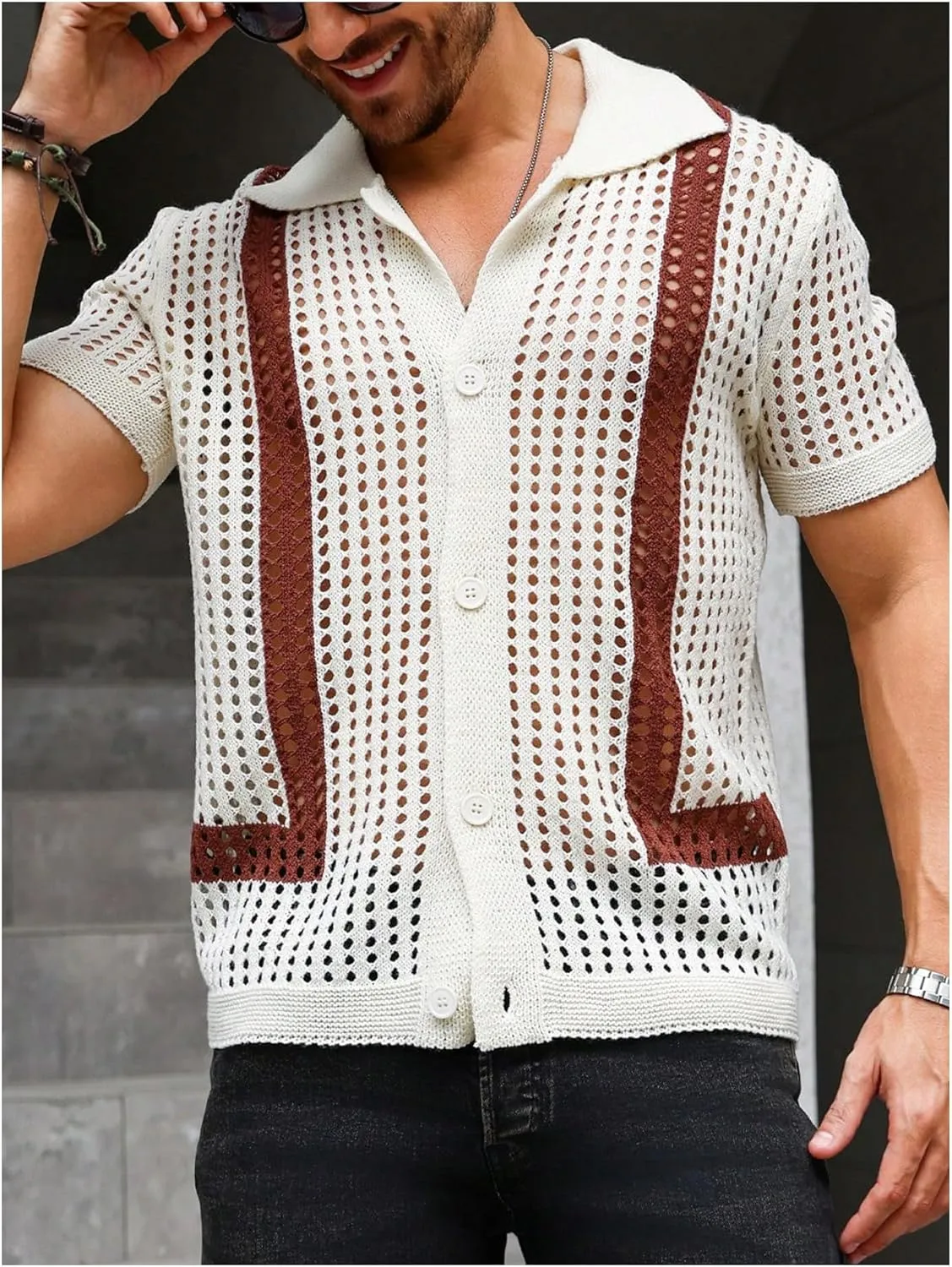 Verdusa Men's Cuban Crochet Shirts Short Sleeve Knit Shirts Casual Button Down Knitted Top Sweater