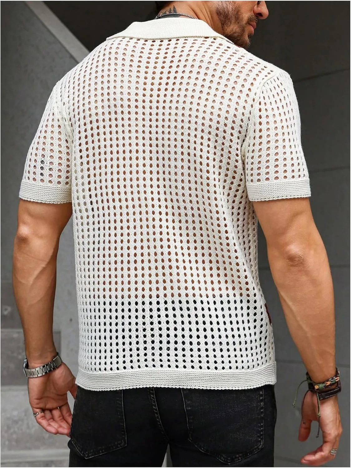Verdusa Men's Cuban Crochet Shirts Short Sleeve Knit Shirts Casual Button Down Knitted Top Sweater